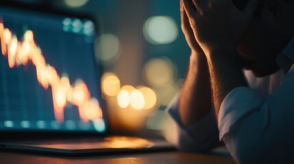 Man feeling stressed while looking at declining stock market on laptop