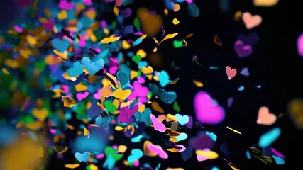 Colorful hearts shimmering with a bokeh effect against dark background. Perfect for celebrations and love-themed content.