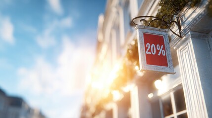 Storefront displaying a 20 percent off sign in a sunny location