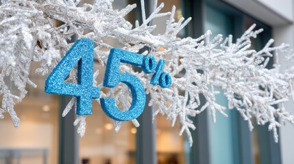Winter sale signs hang from frosty branches in a busy shopping district
