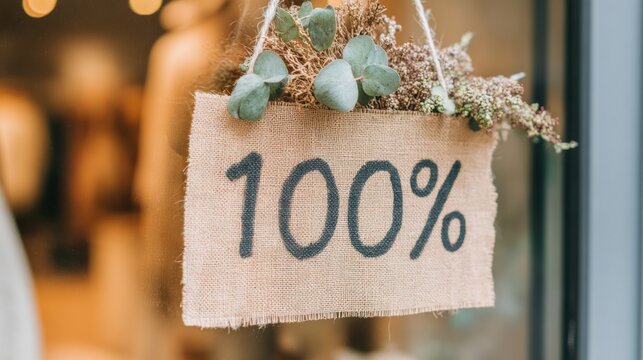Sign showing 100 percent natural materials at a boutique store entrance
