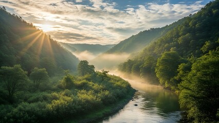 Sunrise over a serene river flowing through a lush green valley surrounded by dense forests and hills.
