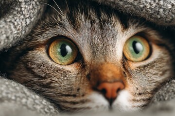 Cat with mesmerizing green eyes looking out from cozy grey knitted blanket