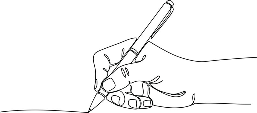 One-Line Drawing of Hand Writing with Pen.