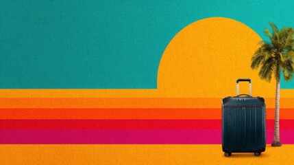 Colorful sunset background with suitcase and palm tree on sandy beach