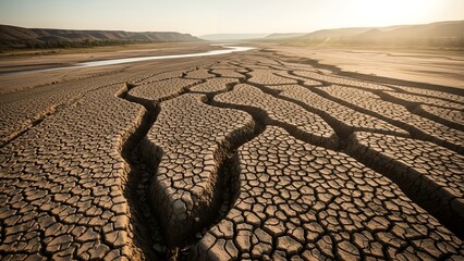 Dry cracked earth landscape with a small body of water in the background at sunset