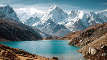 Serene turquoise mountain lake surrounded by rugged autumn hills with towering snow-capped peaks under a clear blue sky in a remote wilderness setting