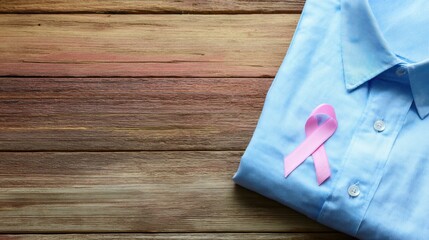 Support for breast cancer awareness shown with pink ribbon on shirt