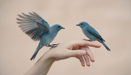 Two small delicate blue birds perched on a person's hand, one with wings spread in motion, symbolizing trust and connection with nature on a soft beige background