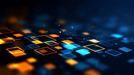 Colorful geometric patterns with blue and orange squares glowing in a digital space at night