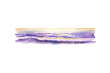 Powerful ocean wave crashes at sunset,hand drawn watercolor illustration painted in vibrant yellow and lilac light.With fluid washes and dynamic textures,dramatic scene for travel branding,wall art