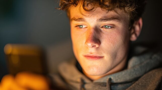 Young man focused on smartphone in dim room at night
