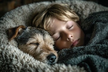 Boy and dog peacefully sleeping side by side, showcasing deep friendship and companionship