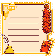 Asian Chinese Japanese and Korean kids memo note frame with red firecracker, gold ink pot, feather quill, and festive envelope. Vector decorative square note template with lined writing space