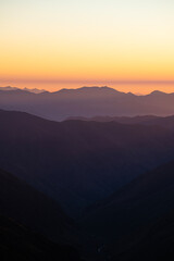 Watching the sunrise from the Kaçkar Mountains. Sunrise from Kaçkar Peak. Hiking towards Kaçkar Peak in the early morning. Magnificent view from Kaçkar Peak. Rize, Türkiye.

