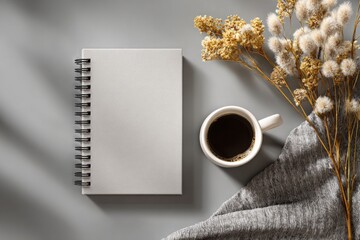 Flat lay composition with workspace accessories for planning and relaxation