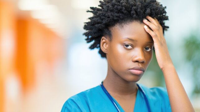 Young nurse expresses concern in a hospital corridor during a busy shift