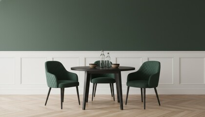 Elegant dining room furniture with a black round table and three green quilted chairs in a minimalist interior with a green wall, white paneling, and a wooden floor