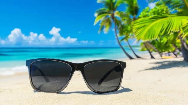 Black sunglasses rest on a pristine white sand beach. Tropical paradise with blue ocean and palm trees in background.
