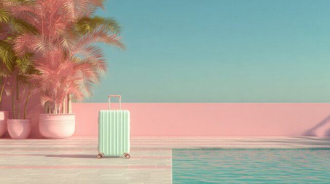Colorful resort poolside with a mint suitcase and pink plants in bright sunlight