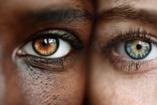 Close-up of two human eyes with different skin tones merging in unity