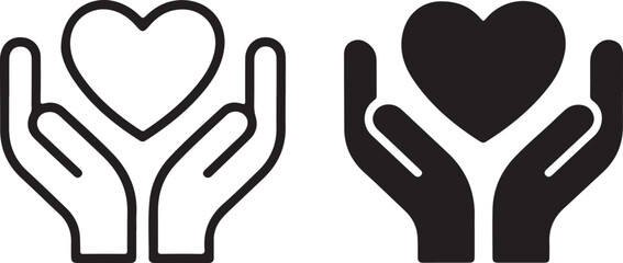 Heart and Hands Icon Set in Black and White