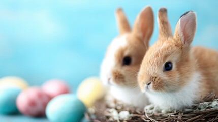 Two cute rabbits beside colorful Easter eggs in a cozy nest