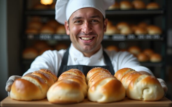 Portrait of a professional baker with bread buns. High quality