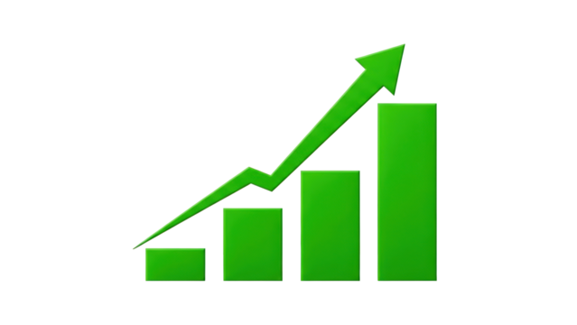 Green bar chart with an upward arrow isolated on white background