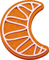 Cartoon Christmas gingerbread cookie shaped like a crescent moon, sweet winter biscuit with icing ornament pattern. Vector baked dessert figure for merry xmas holiday celebration, confectionery pastry