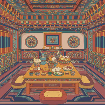 Intricate Illustration of a Traditional Tibetan Dining Setting with Rich Detailing