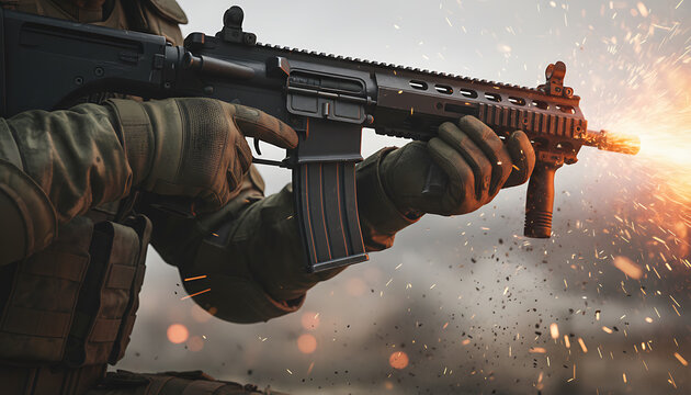 Soldier firing assault rifle in intense combat situation with muzzle flash effect