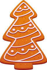 Cartoon Christmas tree gingerbread cookie. Vector festive baked pine or spruce fir tree biscuit food with sweet icing. Winter xmas dessert figure for merry holiday celebration and tasty advent treat