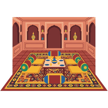 Traditional majlis interior vector illustration with oriental elements