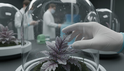 Scientists examine plant specimen in a dome for genetics research and botany study