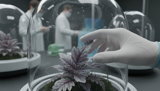 Scientists examine plant specimen in a dome for genetics research and botany study
