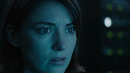 Woman's tense face in a dark room with computer server reflections