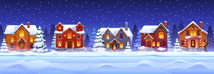 Snowy night Christmas village, winter town street with houses and trees cartoon background. Vector Christmas holiday night scene of snowy town house, village home or cottage buildings with Xmas decor