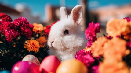 Cute white bunny surrounded by colorful flowers and Easter eggs in springtime