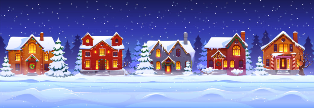 Snowy night Christmas village, winter town street with houses and trees cartoon background. Vector Christmas holiday night scene of snowy town house, village home or cottage buildings with Xmas decor - Powered by Adobe
