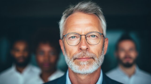 Business leader in focus with team members blurred behind him in office setting - Powered by Adobe