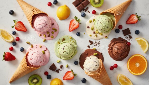 Colorful melting ice cream scoops in waffle cones are arranged with fresh fruit, chocolate, and nuts in a delicious flat lay composition on a white marble background - Powered by Adobe