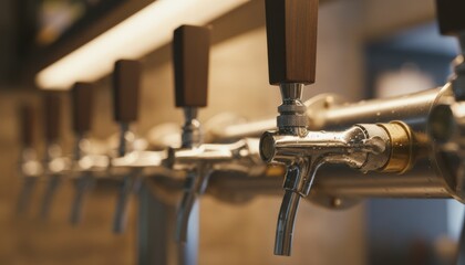 Shiny chrome beer taps with dark wooden handles stand in a row, covered in condensation droplets with a warm atmospheric light creating a shallow depth of field effect in a pub