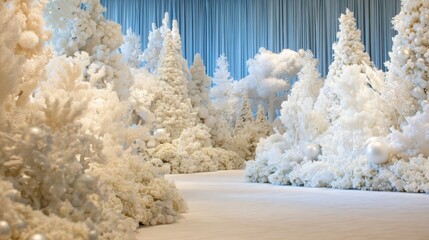 Winter wonderland featuring artificial white trees and decorative elements