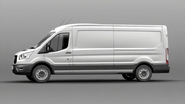 A sleek, contemporary van in a showroom setting with a gray floor and ceiling. The vehicle has tinted windows and is equipped with alloy wheels and roof rails.