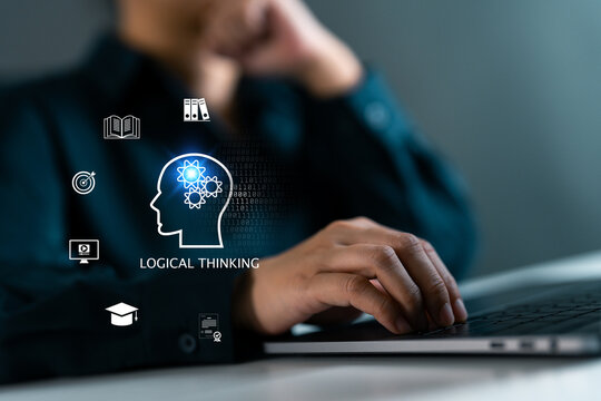 Business person working on laptop with logical thinking icon, critical analysis, problem solving, mental strategy, binary code, education technology and cognitive development in digital age.