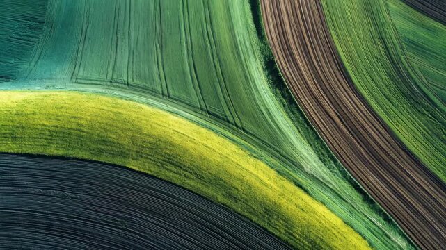 Vibrant green and brown agricultural fields create a stunning patchwork landscape at sunrise