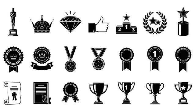 Collection of elegant black and white award, trophy, and badge icons perfect for design