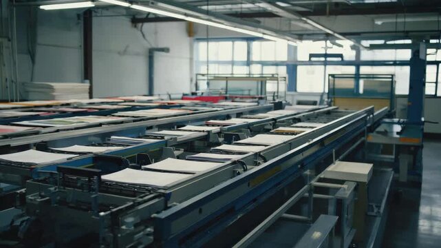 An active industrial printing factory with rows of presses processing papers in a variety of colors.