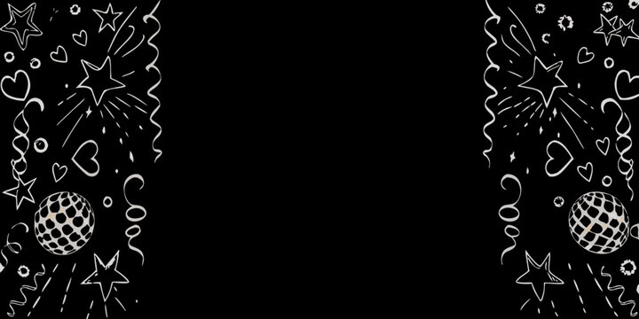 Elegant black background with white stars hearts and confetti border